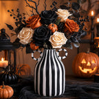 Black and White Striped Ceramic Vase with Double Ring Handles