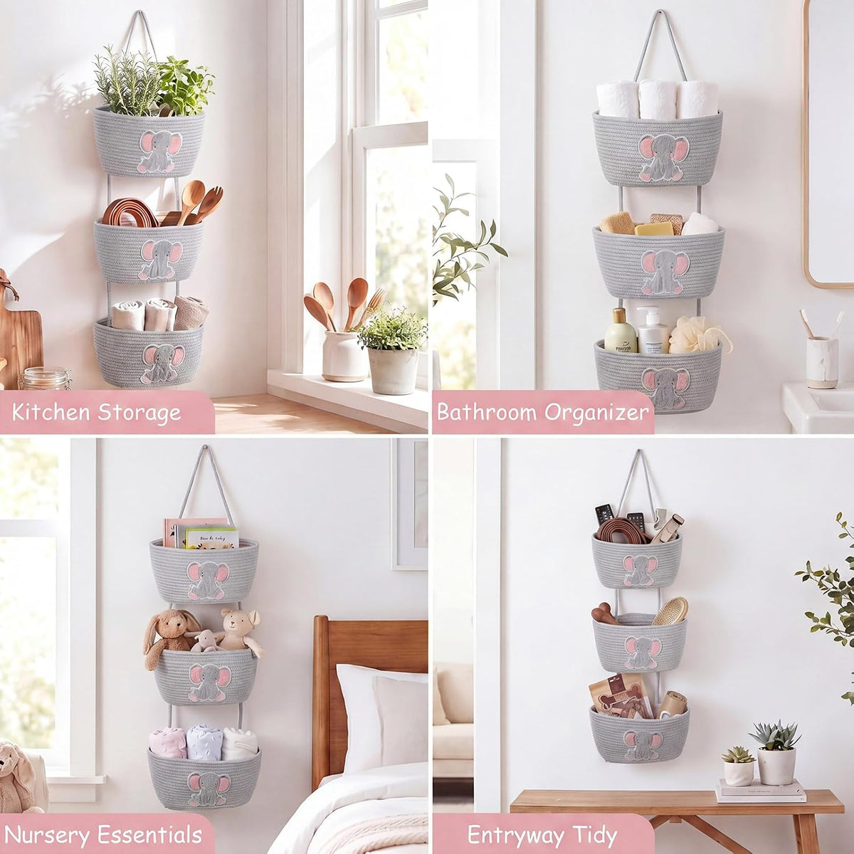 Elephant Nursery Decor Elephant Basket 3-Tier Cotton Rope Hanging Basket Organizer Wall Storage Bin with Hooks, Grey Over Door Decorative Nursery Closet Hanging Accessories