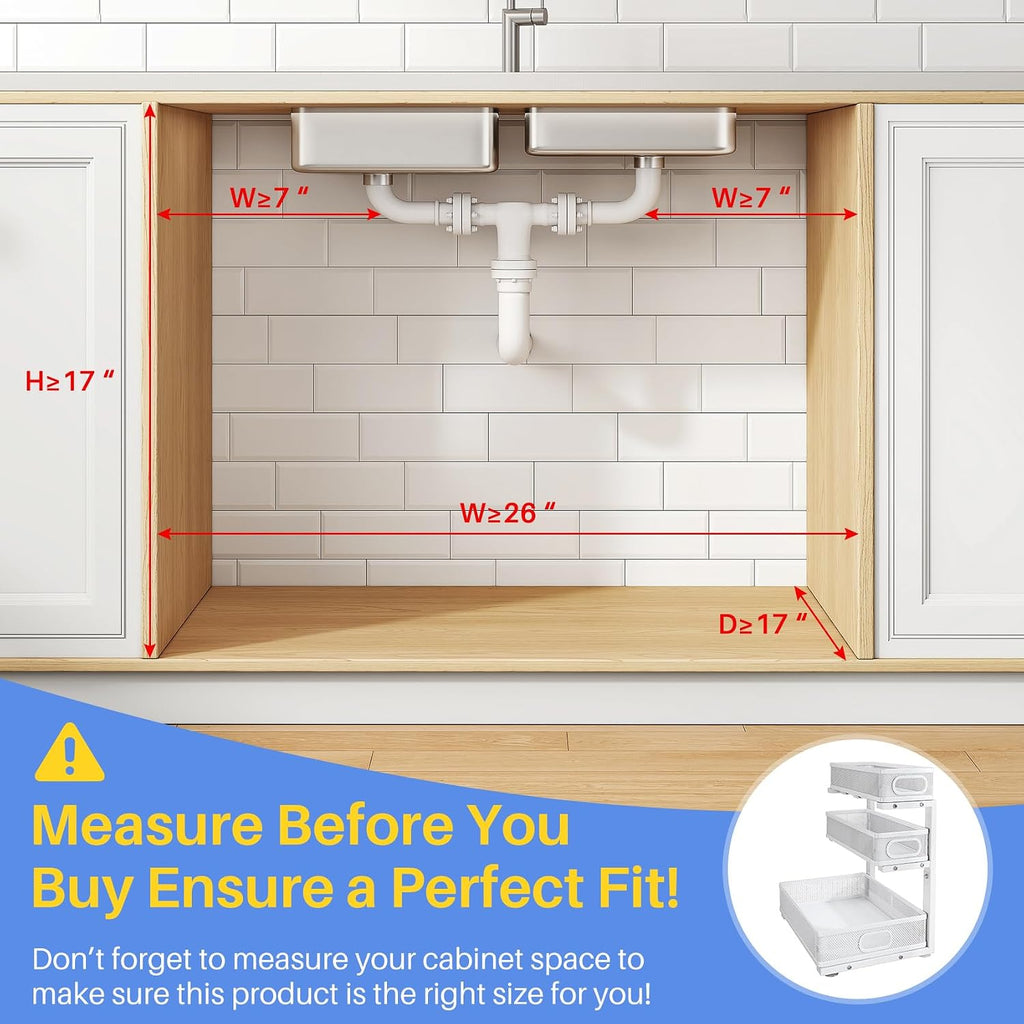 Under Sink Organizer, 3-Tier Thickened Metal Pull out Cabinet Organizer Shelf, Height Adjustable Slide out Storage Drawer Rack for Kitchen Bathroom Pantry Laundry Home Organization, 2-Pack, White