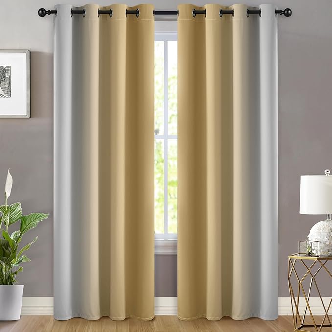Yakamok Beige and Greyish White Ombre Curtains, Room Darkening Gradient Color - Image 2