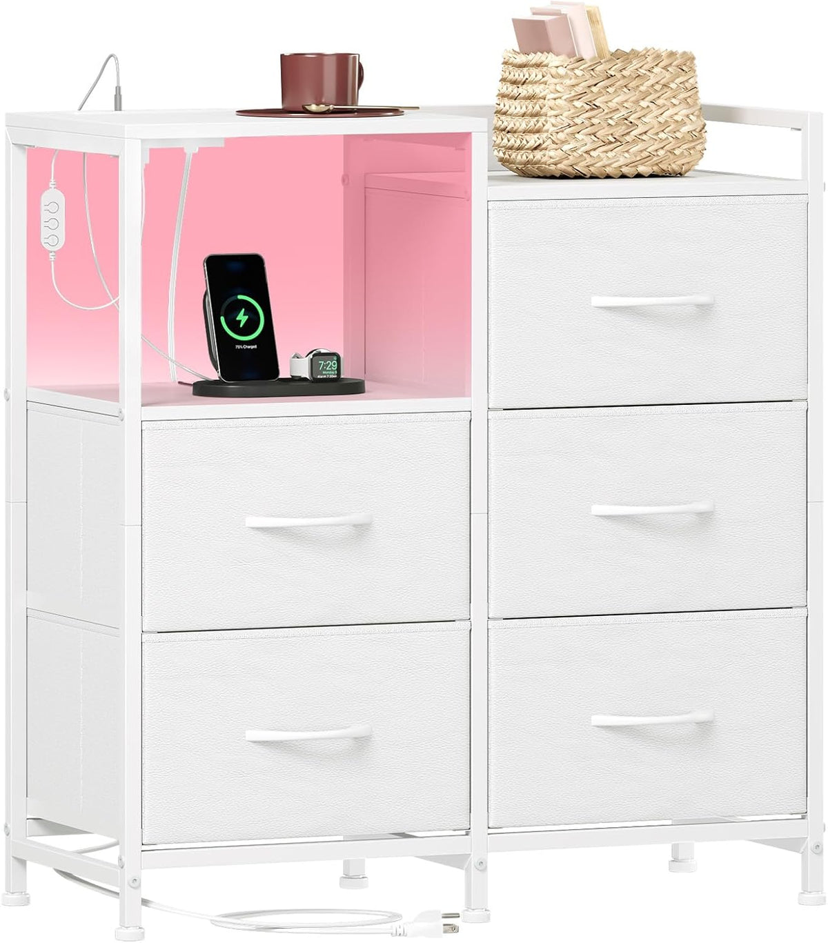 Somdot Wide Bedroom Nightstand with 5 Drawers, Charging Station & LED Light