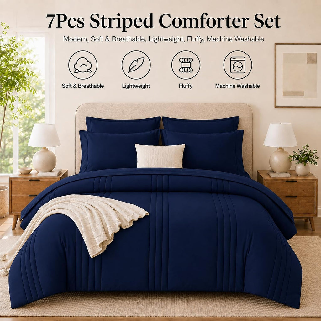Queen Comforter Set with Sheets Navy Blue, 7 Pieces Bed in a Bag