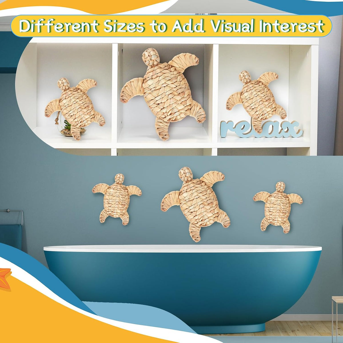 Threehoney 3 Pcs Sea Turtle Beach Decor Handmade Wicker Turtle Wall Decor