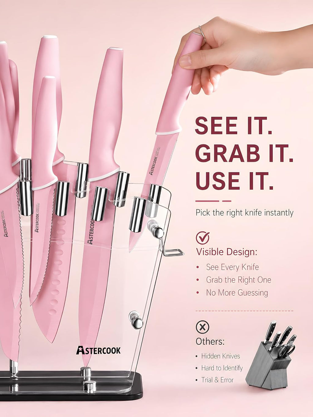 Astercook 22 Piece Kitchen Knife Set with Block and Sharpener, Pink