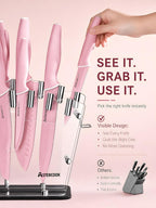 Astercook 22 Piece Kitchen Knife Set with Block and Sharpener, Pink