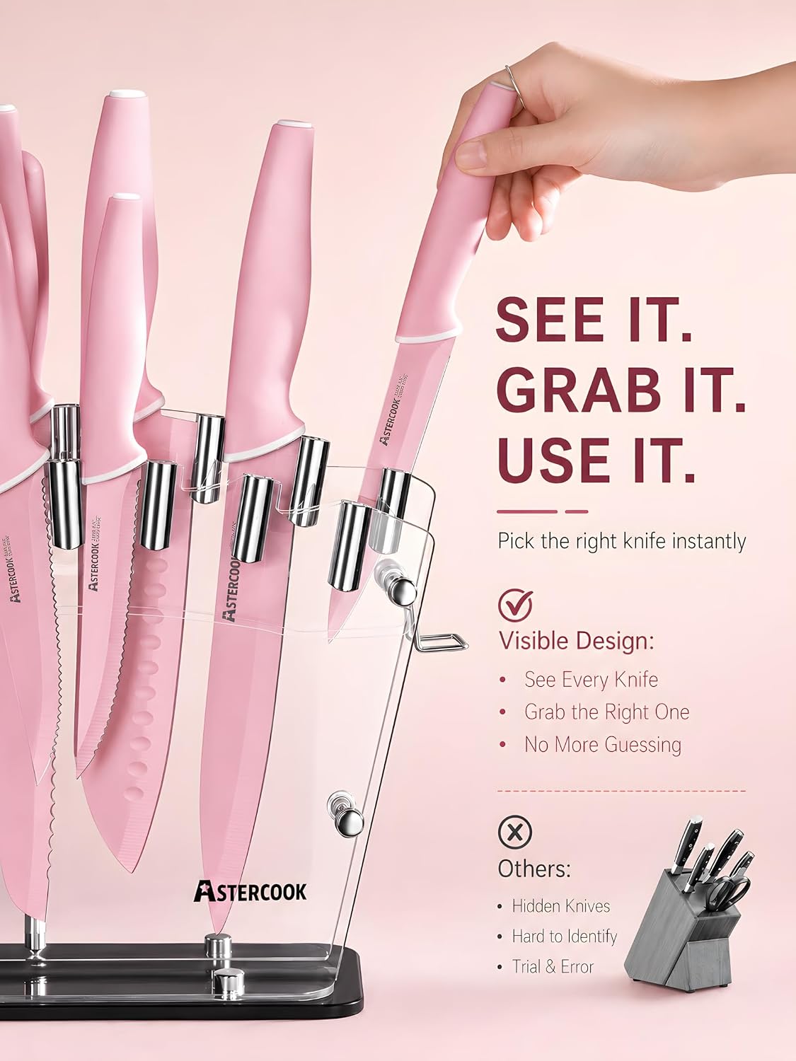Astercook 22 Piece Kitchen Knife Set with Block and Sharpener, Pink