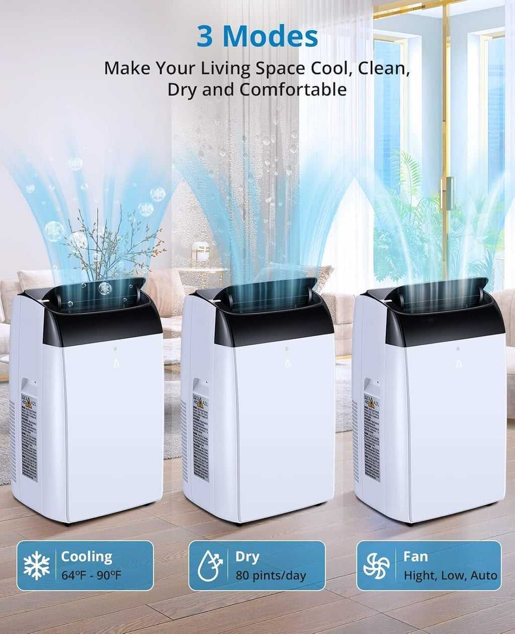 12,000 BTU Quiet Portable AC Unit – 3-In-1 Cooling, Dehumidifier & Fan With Remote, Covers 450 Sq.Ft, Compact Design for Home/Office, Black Top