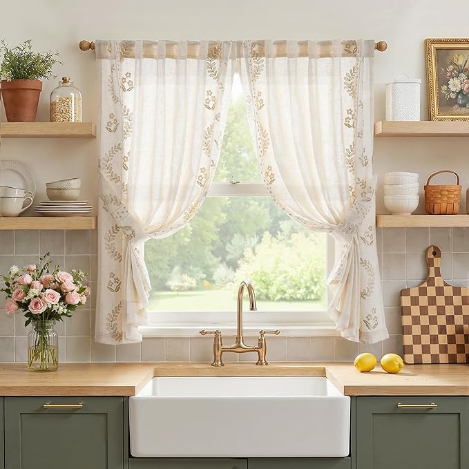 jinchan Belrose Linen Floral Cafe Curtains 45 Inch Length Embroidered Farmhouse by JINCHAN