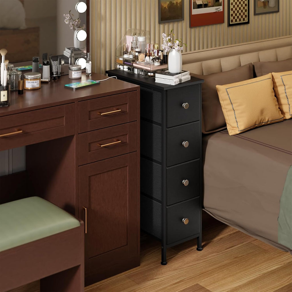 Fixwal Narrow Storage Cabinet, Slim Dresser with 4 Fabric Drawers, Black