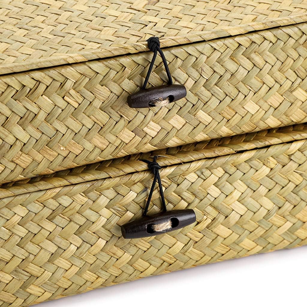 Hipiwe 2 Packs Flat Wicker Basket Box with Lid Woven Seagrass Storage Bins