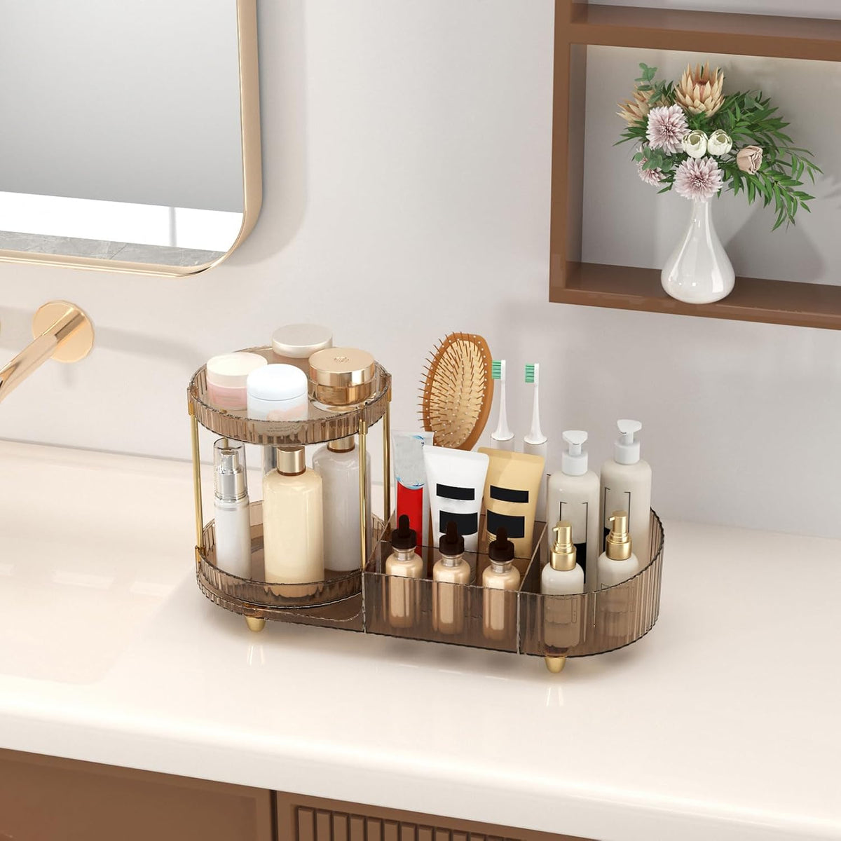 Makeup Organizer Countertop with 2 Rotating Perfume Trays, 5-Compartment Vanity Skincare Organizers, Make Up Desk Organization and Storage with Cosmetic Brush Holder for Bedroom Bathroom Counter