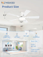 ZMISHIBO 42 Inch Ceiling Fans with Lights, Remote&App Control, Flush Mount