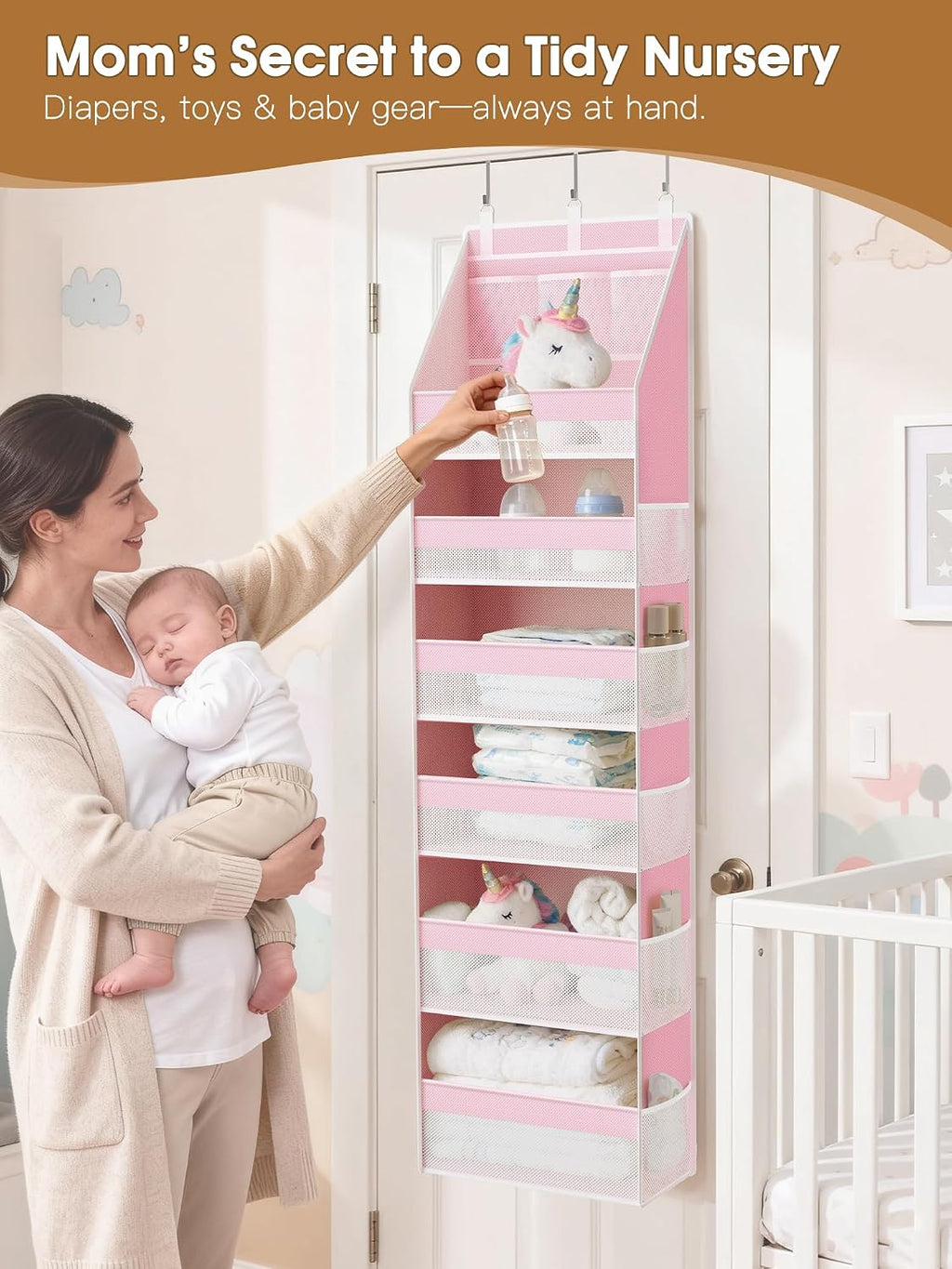 Criusia Over the Door Organizer, 6-Shelf Closet Hanging Storage with 13 Mesh Pockets, 55lbs Capacity Behind the Door Storage for Baby Nursery, Bathroom, Bedroom, and Dorm, Pink
