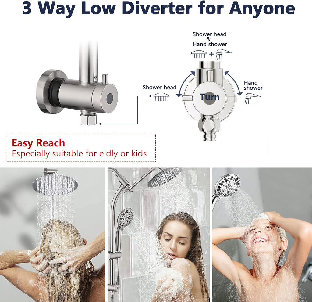 Rainfall 8 Inch Round Shower Head with High Pressure Handheld Spray Combo, Drill-Free Slide Bar with Adjustable Shower Extension Arm, 3-Way Diverter for Easy Reach, 5Ft Hose- Brushed Nickel