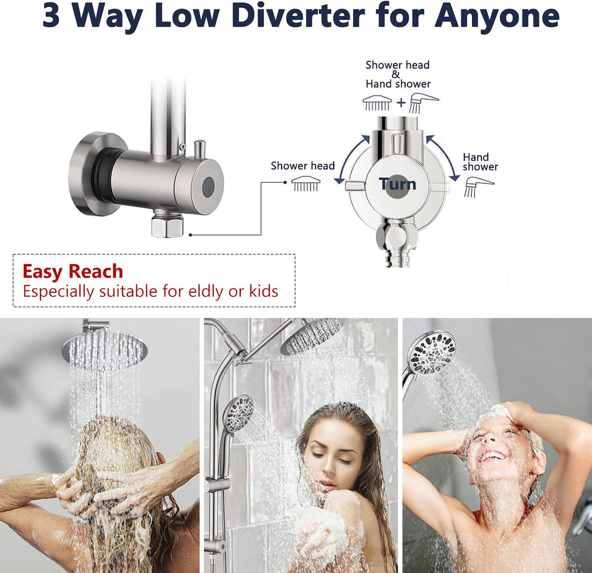 Rainfall 8 Inch Round Shower Head with High Pressure Handheld Spray Combo, Drill-Free Slide Bar with Adjustable Shower Extension Arm, 3-Way Diverter for Easy Reach, 5Ft Hose- Brushed Nickel