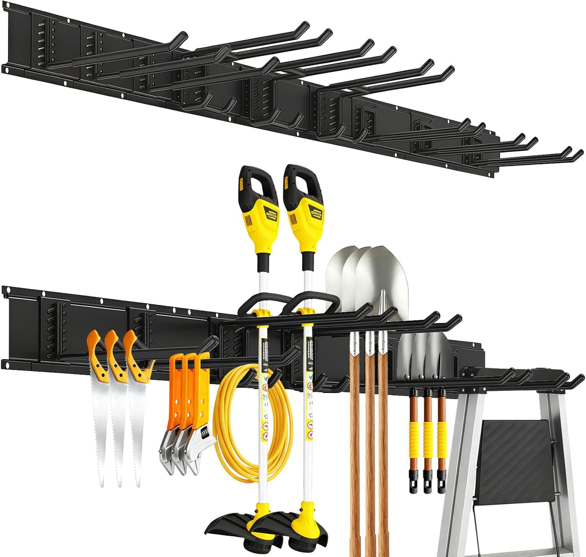 Garage Tool Organizer Wall Mount, 48inch Heavy-Duty Garage Storage System and Garden Tool Organizer with 6 Adjustable Double Hooks for Shovel, Snowboard, Yard Tools and Shed