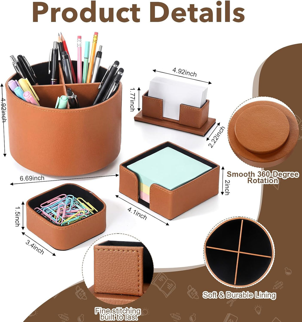 4 Pcs Aesthetic PU Leather Desk Organnizer Set, Brown