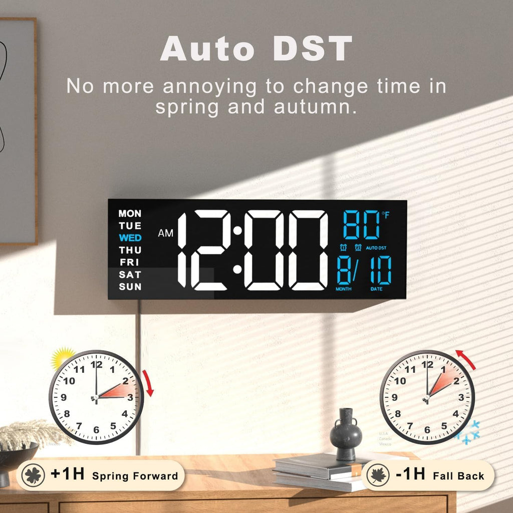 JALL 16" Large Digital Wall Mount Clock, Count Down Timer, Alarm, Big LED, RGB Color, DST, Temperature for Living Room Classroom Desk, Xmas, Birthday Gift for Senior Mom Dad (White Blue, 16 inches)