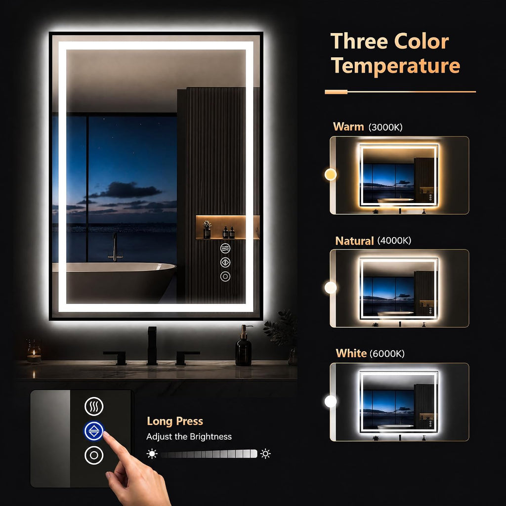 Antok 24X36 LED Bathroom Mirror with Lights, Vanity Mirror for Wall with Black Frame, Touch Control, Anti-Fog, Dimmable Lights, Shatter-Proof, Memory Function, Wall-Mounted Vanity Mirrors