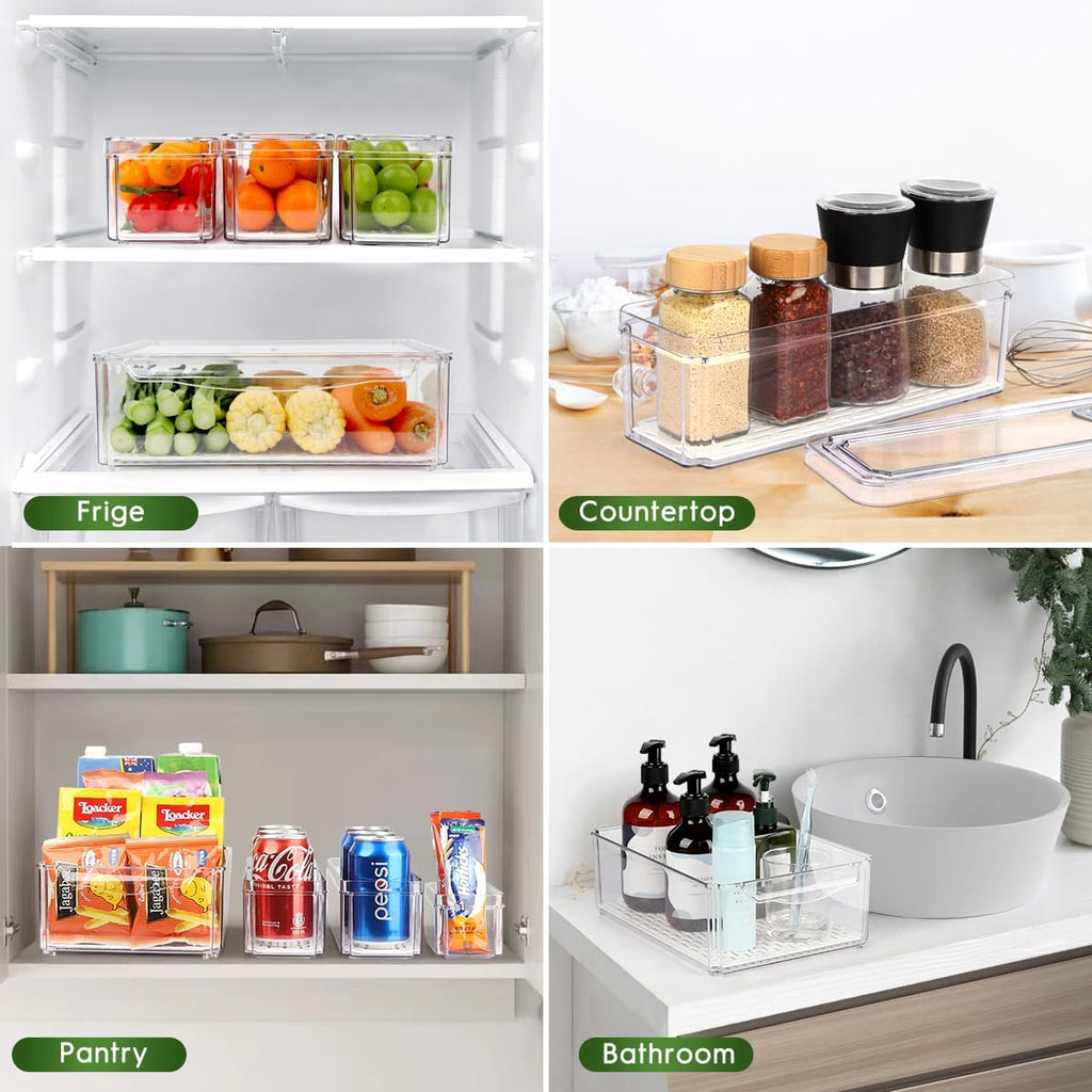 ZIJUND 4 Pack Fridge Organizer Bins with Lids, Stackable Clear Storage