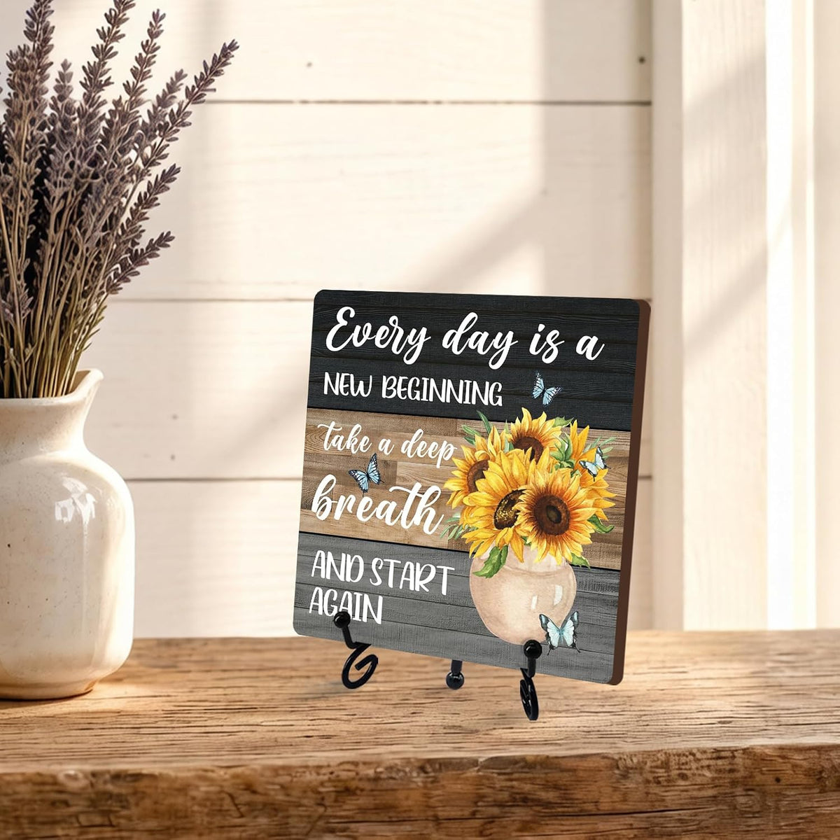 Sunflower Wooden Table Decor, Inspirational Sunflower Kitchen Decor and Accessories for Rustic Farmhouse, Butterfly Decoration for Home Bathroom Office Living Room (Multicolor Wooden textured)