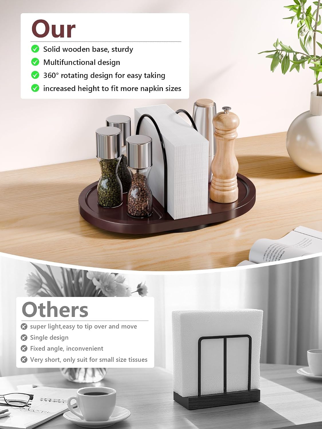 Walnut Rotating Napkin Holder with Salt & Pepper Shaker Storage