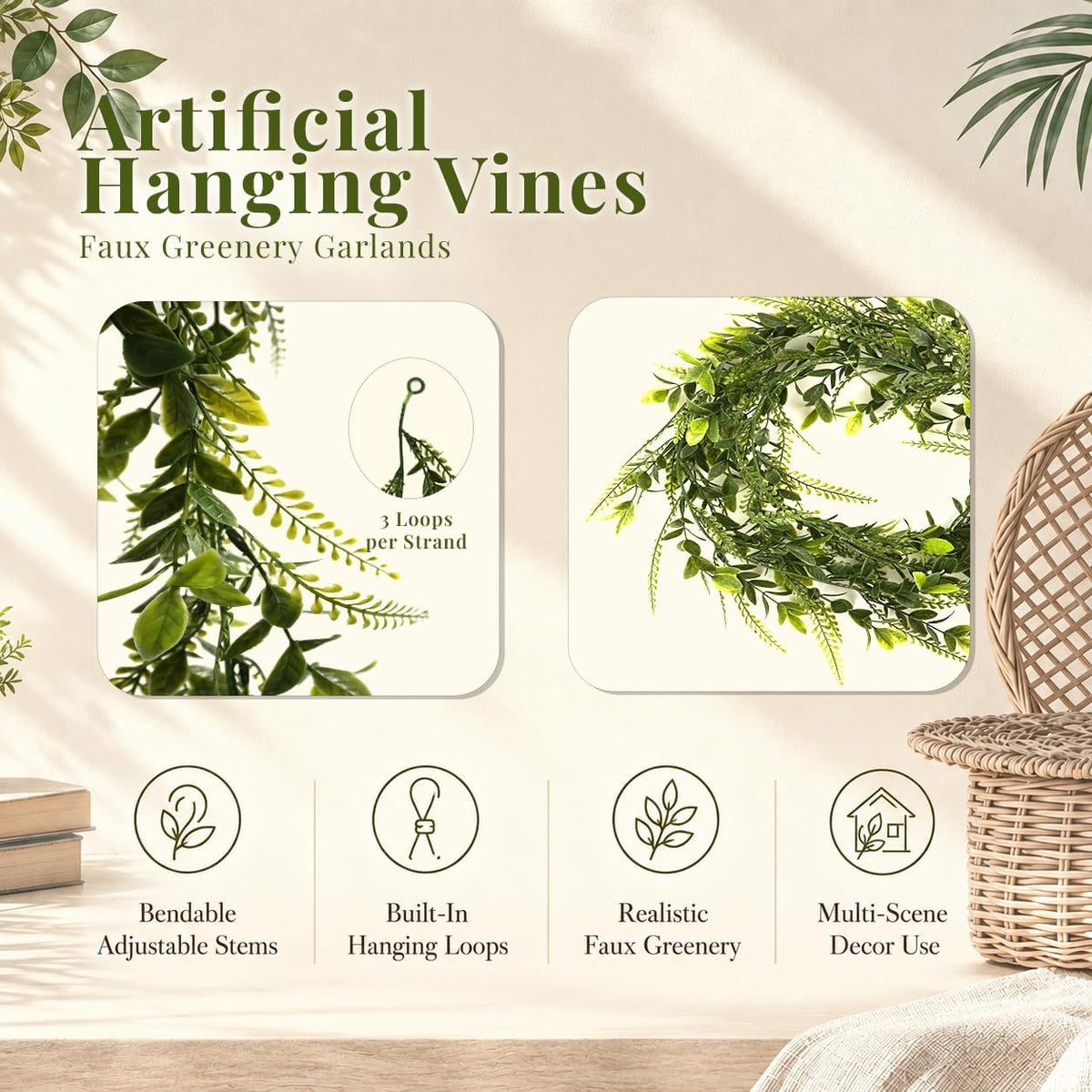 6 Pack 5.6 Ft Faux Greenery Vines, Artificial Hanging Plant Patio Decor
