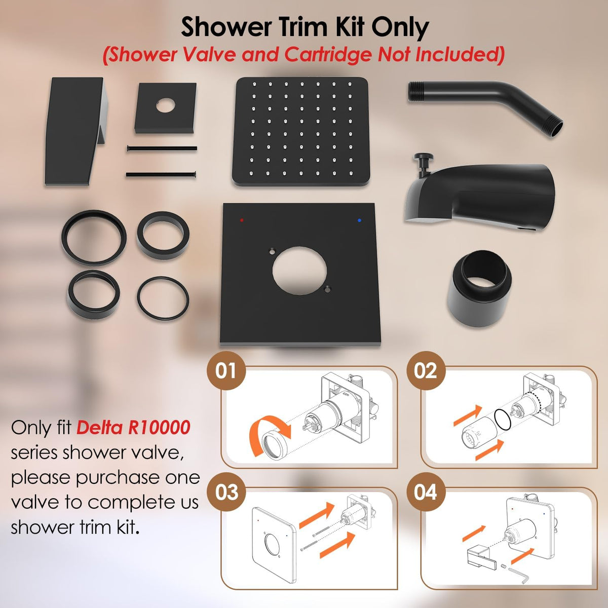 Replacement for Delta Shower Trim Kit 14 Series, Bath Tub Matte Black Shower Faucet Set, 6-Inch Black Shower Head and Handle Set(Valve/Cartridge Not Included)