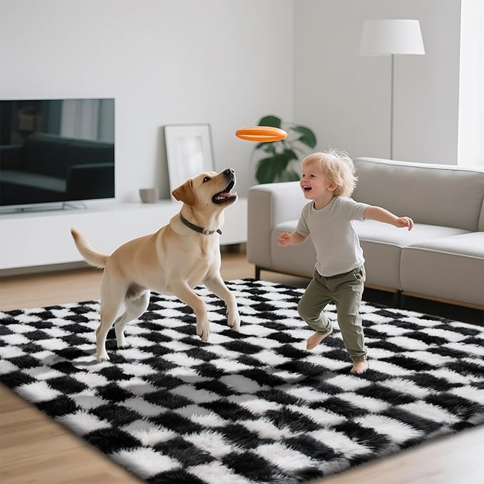 Checkered Area Rugs for Bedroom Living Room, 4x6 Black and White Fluffy Soft - Image 5