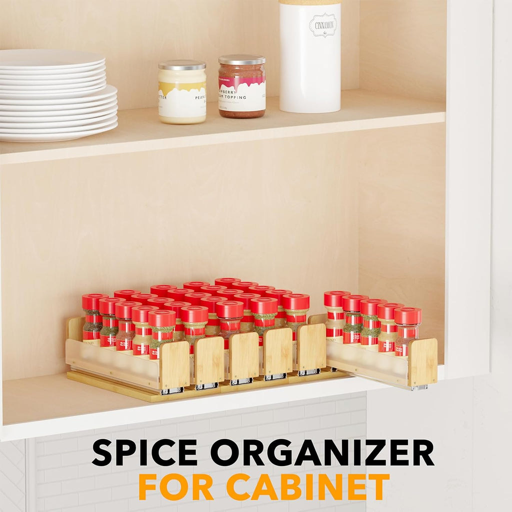 SpaceAid Bamboo Pull Out Spice Rack Organizer for Cabinet, Heavy Duty Slide Out Seasoning Kitchen Pantry Sliding Vertical Organization, 5.1" Wide, 2 Drawers(2" Wide), 1-Tier, Natural