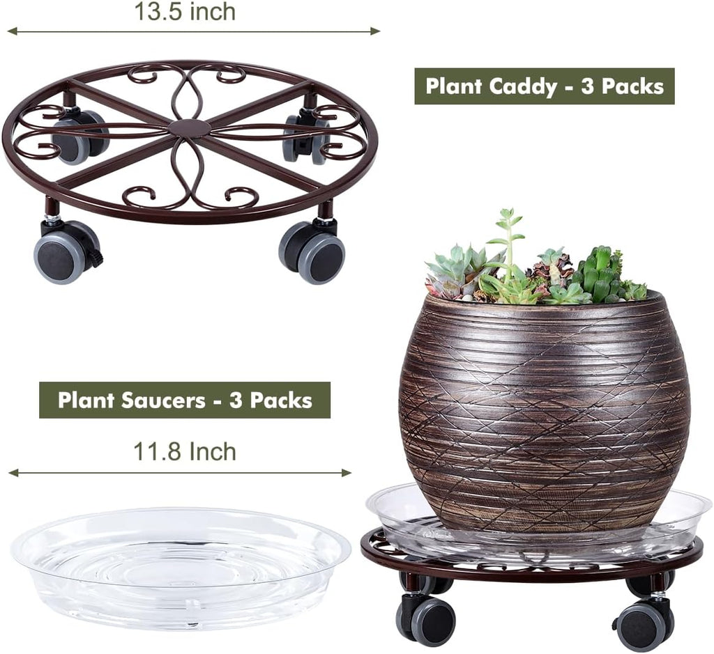 3 Pack Plant Caddy with Wheels & Saucers, Heavy Duty 13.5 Inch Metal Plant Stand with Wheels, Plant Dolly Rolling Plant Stand Plant Roller with Casters for Indoor and Outdoor, Bronze