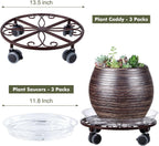 3 Pack Plant Caddy with Wheels & Saucers, Heavy Duty 13.5 Inch Metal Plant Stand with Wheels, Plant Dolly Rolling Plant Stand Plant Roller with Casters for Indoor and Outdoor, Bronze