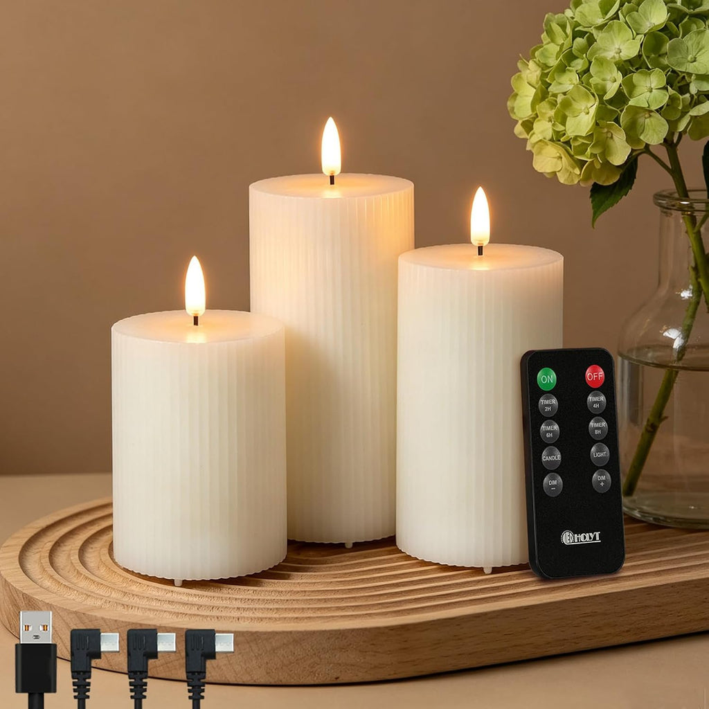 Rechargeable LED Flickering Flameless Candles, Fake Candles Set of 3（Ivory）