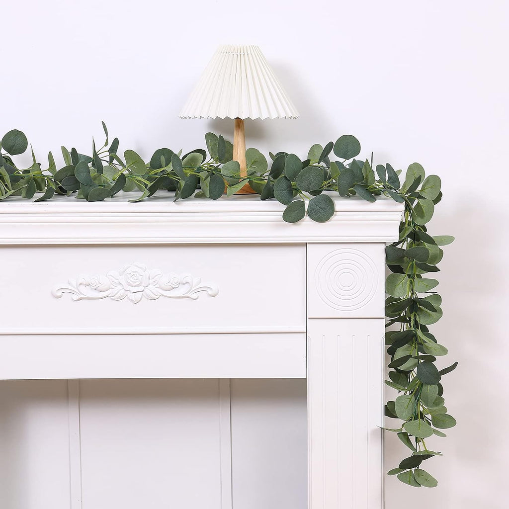 FUGZAUD 2 Pack Artificial Eucalyptus Garland Faux Silk Leaf Silver Dollar Eucalyptus Leaves Vines Handmade Garland Greenery Wedding Backdrop Indoor Outdoor Arch Wall Decoration