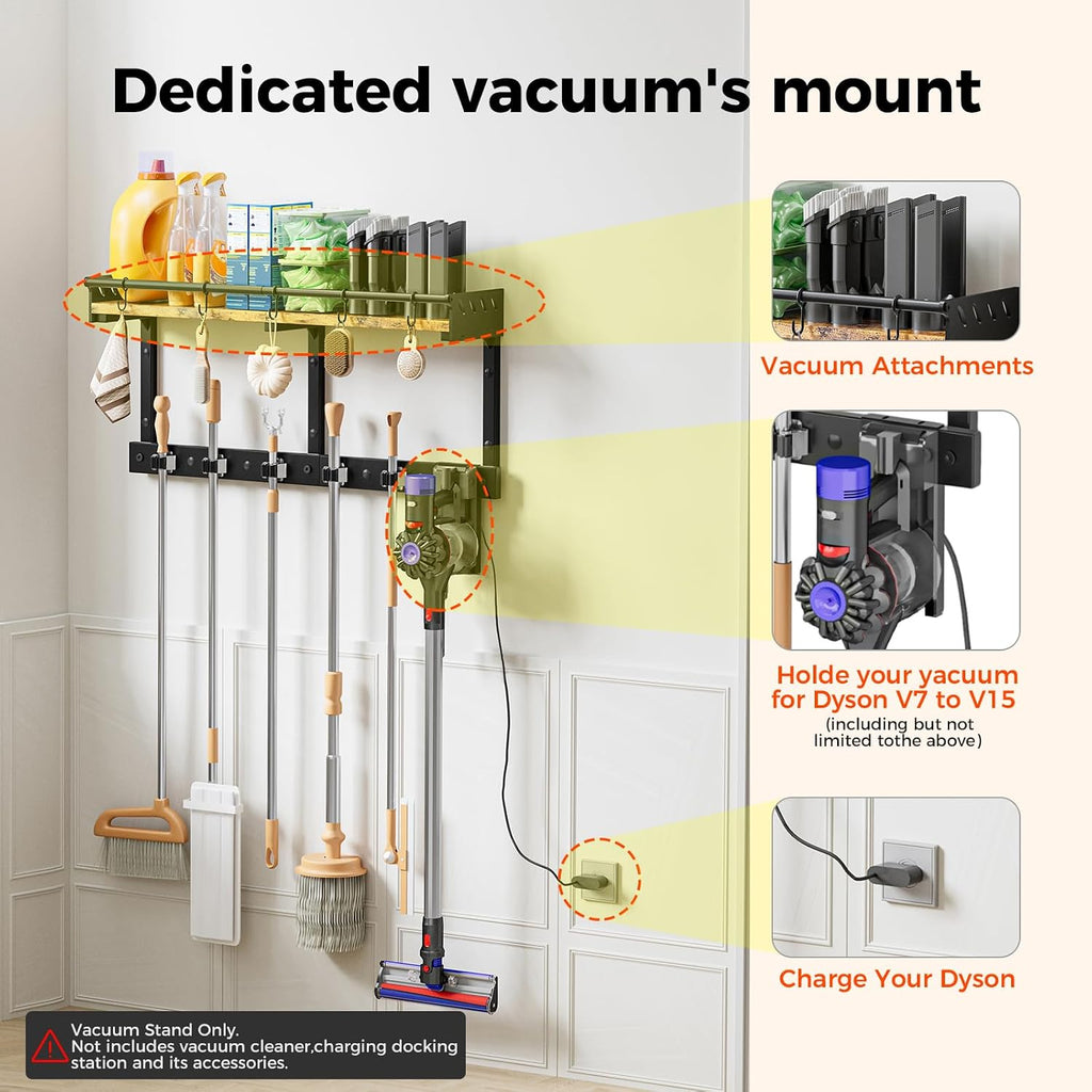 Broom Holder Wall Mount with Shelf, Black, L