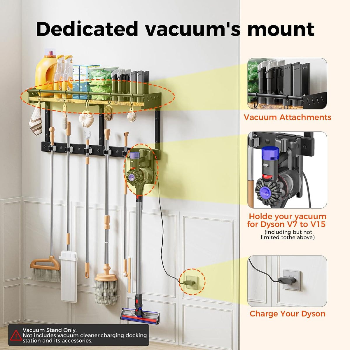 Broom Holder Wall Mount with Shelf, Black, L