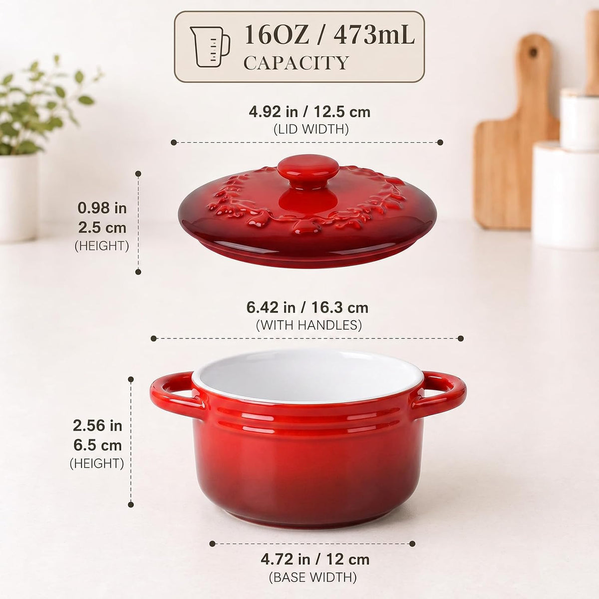 Mini Cocotte 16oz Ceramic Casserole Dishes with Handles & Lid,Set of 4 Oven Microwave Dishwasher Safe Ramekins