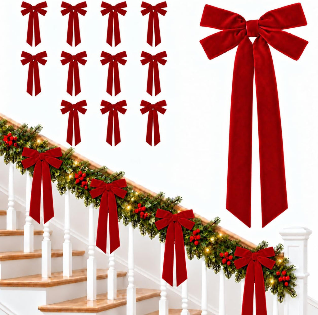 12 Pcs Red Velvet Bows for Christmas Tree, 5x10 Vintage Christmas Ribbons