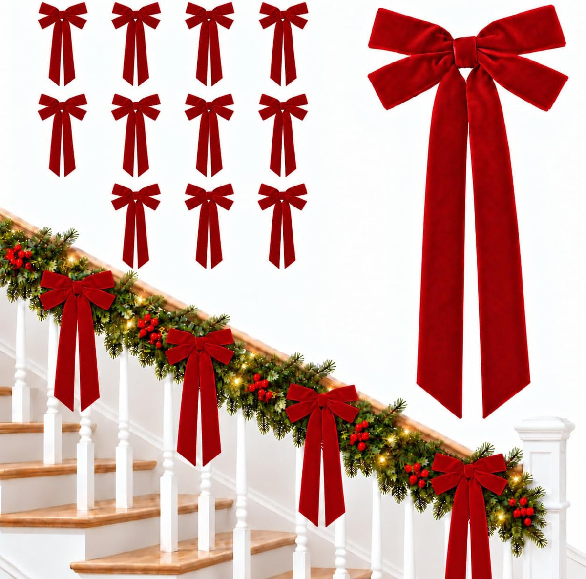 12 Pcs Red Velvet Bows for Christmas Tree, 5x10 Vintage Christmas Ribbons