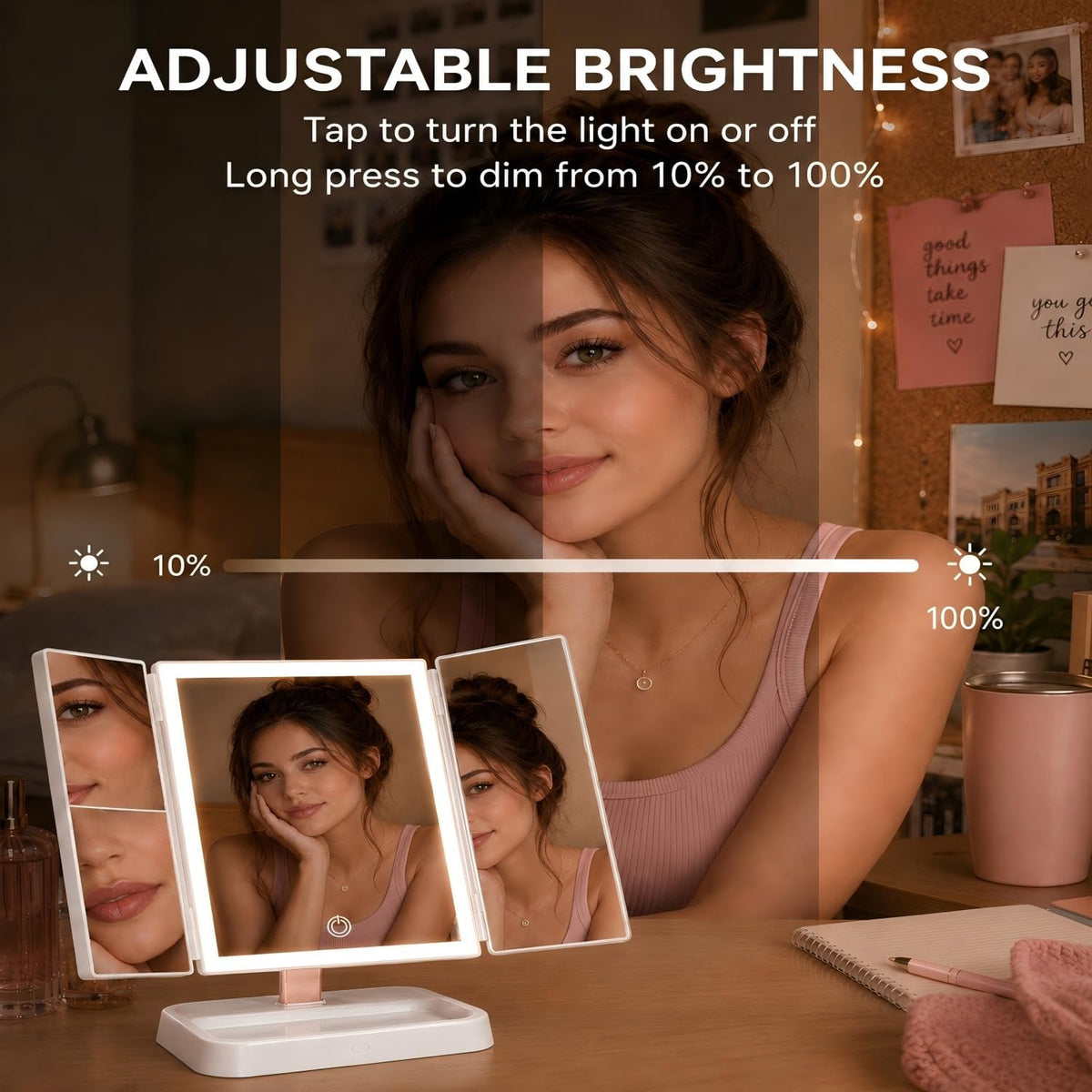 Makeup Mirror with Lights, Rechargeable Trifold 1X/2X/3X Magnification