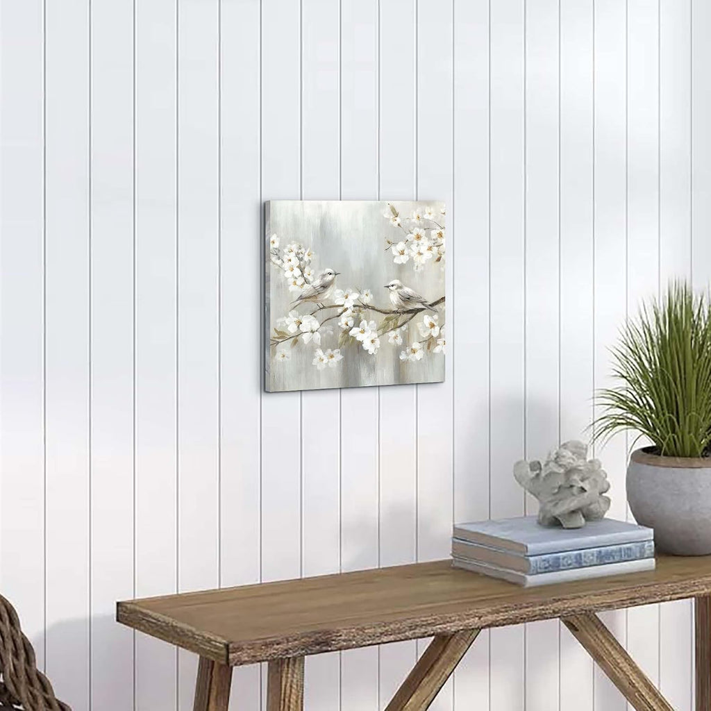 TAR TAR STUDIO White Flowers & Birds Canvas Wall Art - Unframed Nature Decor for Bedroom, Living Room, Office - 12"x12"