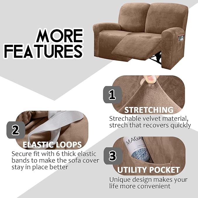 ULTICOR Reclining Love Seat Slipcover, 6-Piece Velvet Stretch Loveseat - Image 5