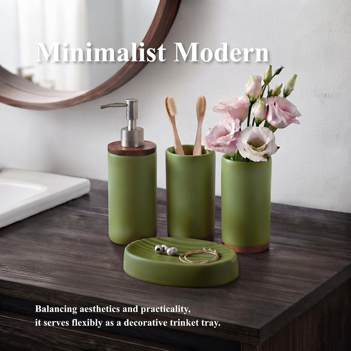 LarqeeWare Ceramic Bathroom Accessories Set 4 Pcs, Matte Bathroom Sink Set