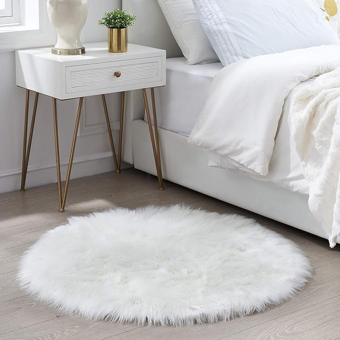 Round Fur Fluffy Area Rug for Bedroom, Cute Furry Nursery Carpet, Plush Shag - Image 2