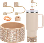 Rhinestone Stanley Cup Accessories Set Including 0.4in Bling Straw Covers, Spill Proof Stopper, Diamond Glitter Silicone Boot for Stanley Accessories 40oz (Fit 40 oz, Champagne)