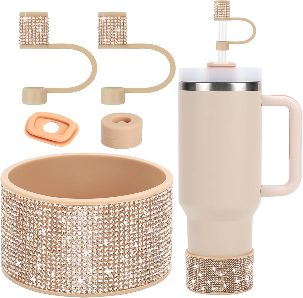Rhinestone Stanley Cup Accessories Set Including 0.4in Bling Straw Covers, Spill Proof Stopper, Diamond Glitter Silicone Boot for Stanley Accessories 40oz (Fit 40 oz, Champagne)