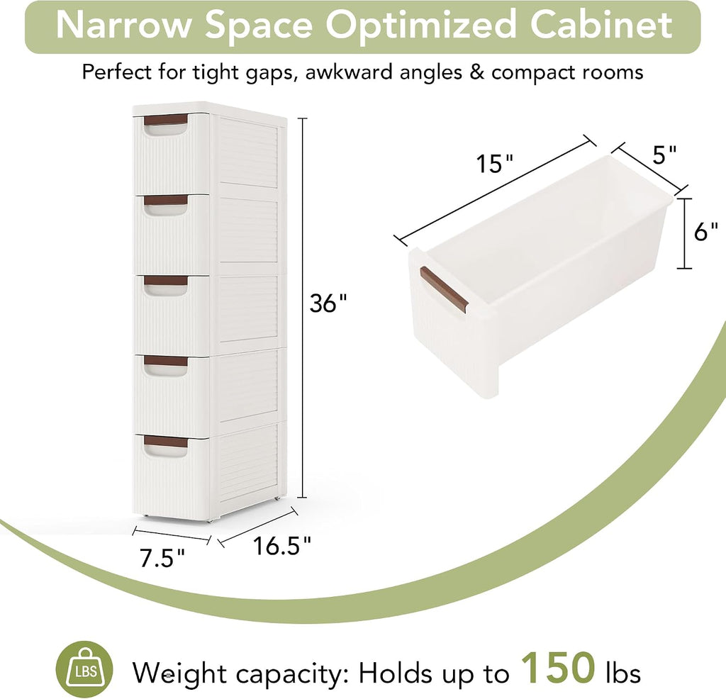 Narrow Bathroom Storage Cabinet with 5 Drawers, 7.5-Inch Wide, White