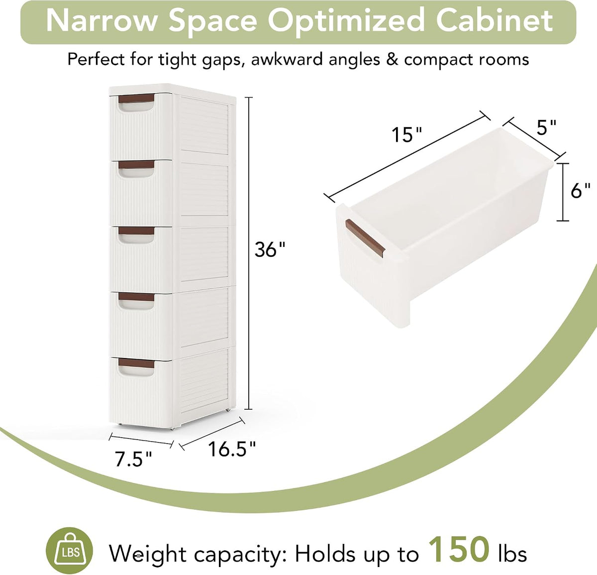 Narrow Bathroom Storage Cabinet with 5 Drawers, 7.5-Inch Wide, White