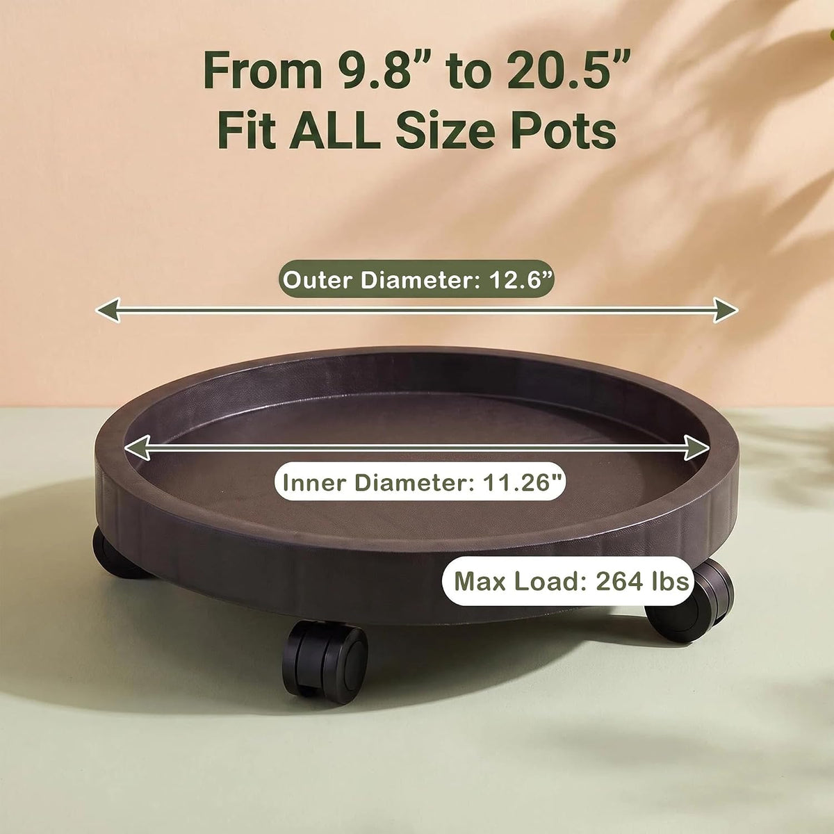 12.6 Inch Plant Caddy with Wheels, Round Rolling Flower Pot Stand, Heavy Duty Wheeled Planter Saucer Tray, Holder Dolly for Indoor Outdoor，Potted Coaster Roller Base Tray with Casters
