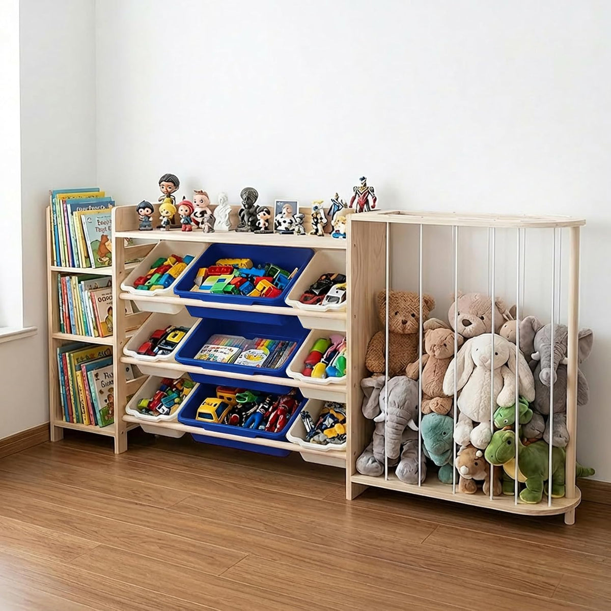 Amdermi Kids Toy Storage Organizer with 9 Plastic Bins, 3-Tier Wooden Shelving Unit for Playroom & Bedroom, Nursery Bookshelf and Stuffed Animal Zoo Storage, Natural Wood Finish （Blue）